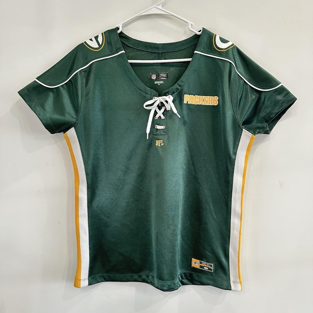 Women's Green Bay Packers Short Sleeve Fitted Jersey Top NFL Apparel XL Lace Up‎
